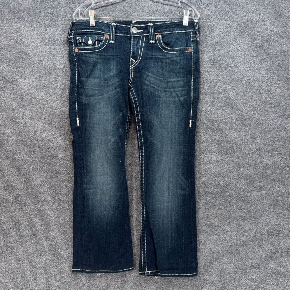 True Religion Becky Big T Jeans Women 31 Blue Bootcut Contrast Stitch Crop Denim
